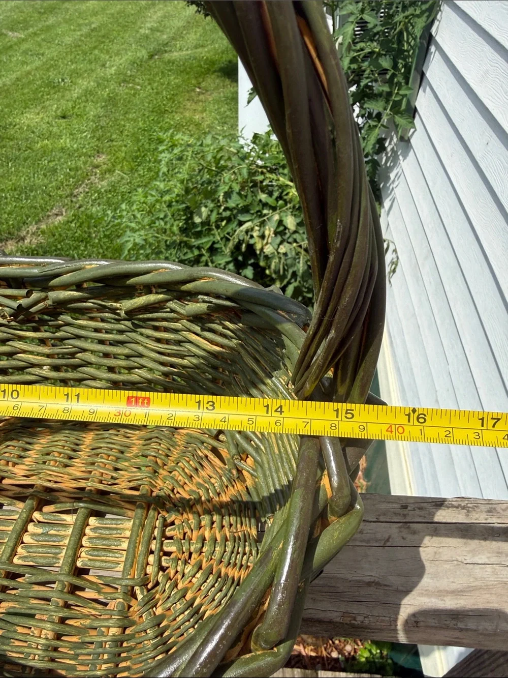 Handwoven Green Wicker Basket with Handle hand painted